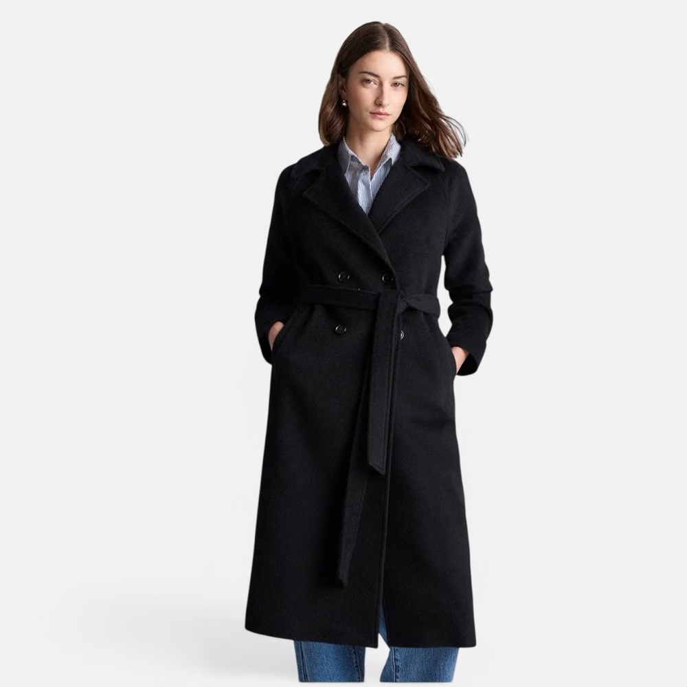 Quince Camel Hair Double Breasted Wrap Coat Black Medium NWT